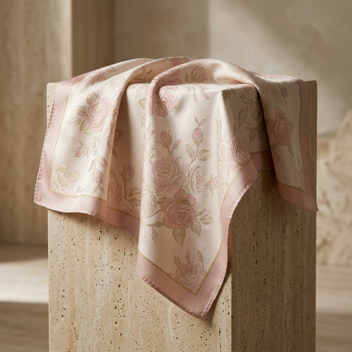 Champagne Pearl & Rose Quartz Botanical Woven Silk Square Scarf – Soft Blush Pink, Ivory Luster & Champagne Gold Piping