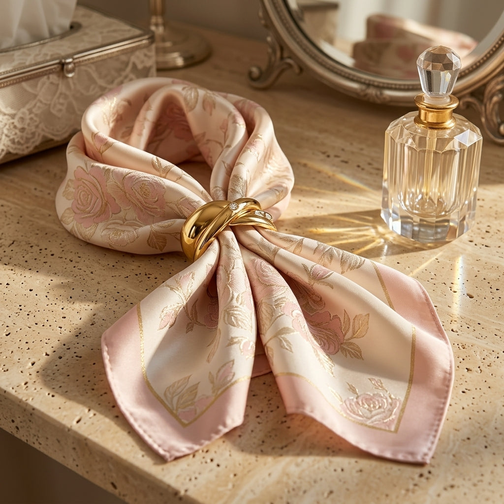 Champagne Pearl & Rose Quartz Botanical Woven Silk Square Scarf – Soft Blush Pink, Ivory Luster & Champagne Gold Piping