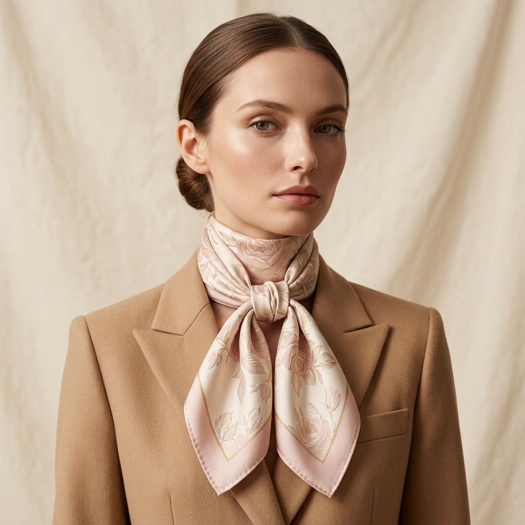 Champagne Pearl & Rose Quartz Botanical Woven Silk Square Scarf – Soft Blush Pink, Ivory Luster & Champagne Gold Piping