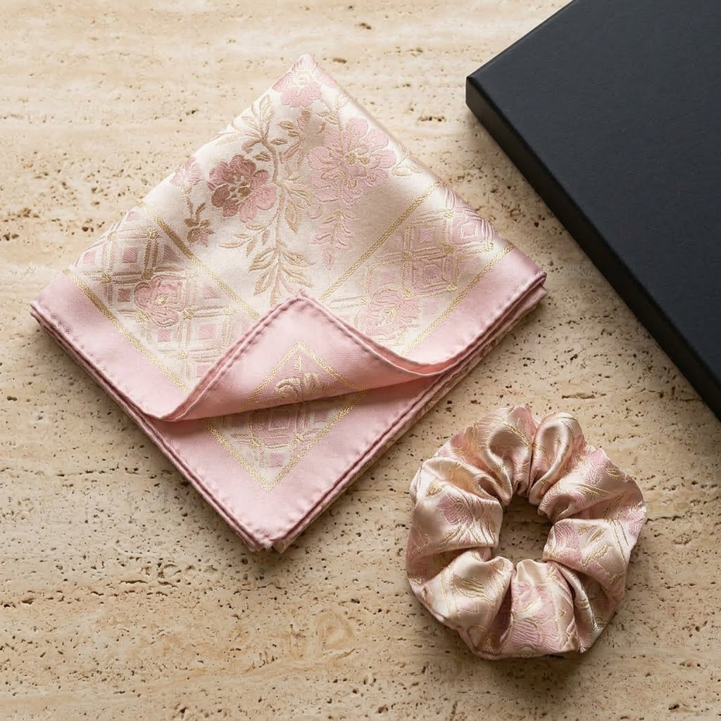 Luxury 2-Piece Silk Gift Set: Rose Quartz Monogram Square Scarf & Matching Mulberry Silk Scrunchie