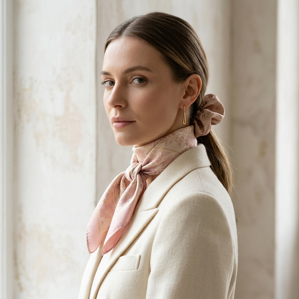 Luxury 2-Piece Silk Gift Set: Rose Quartz Monogram Square Scarf & Matching Mulberry Silk Scrunchie