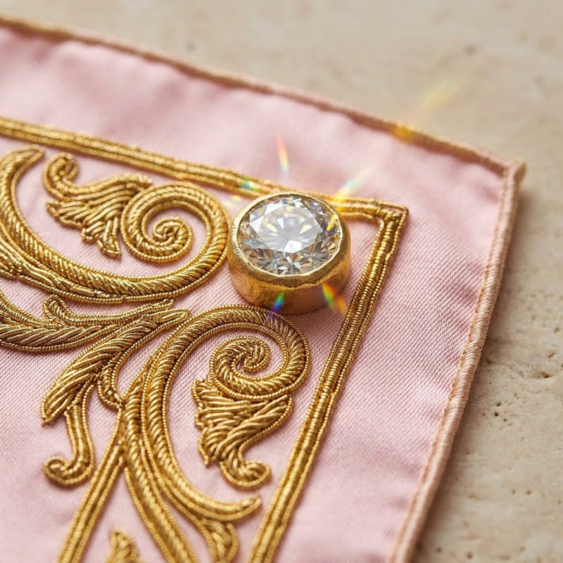 Haute Couture Super Luxury Silk Scarf – Royal Snow White, Pure 24K Gold Filigree Embroidery & 4 Brilliant-Cut Natural Diamond Bezel Studs