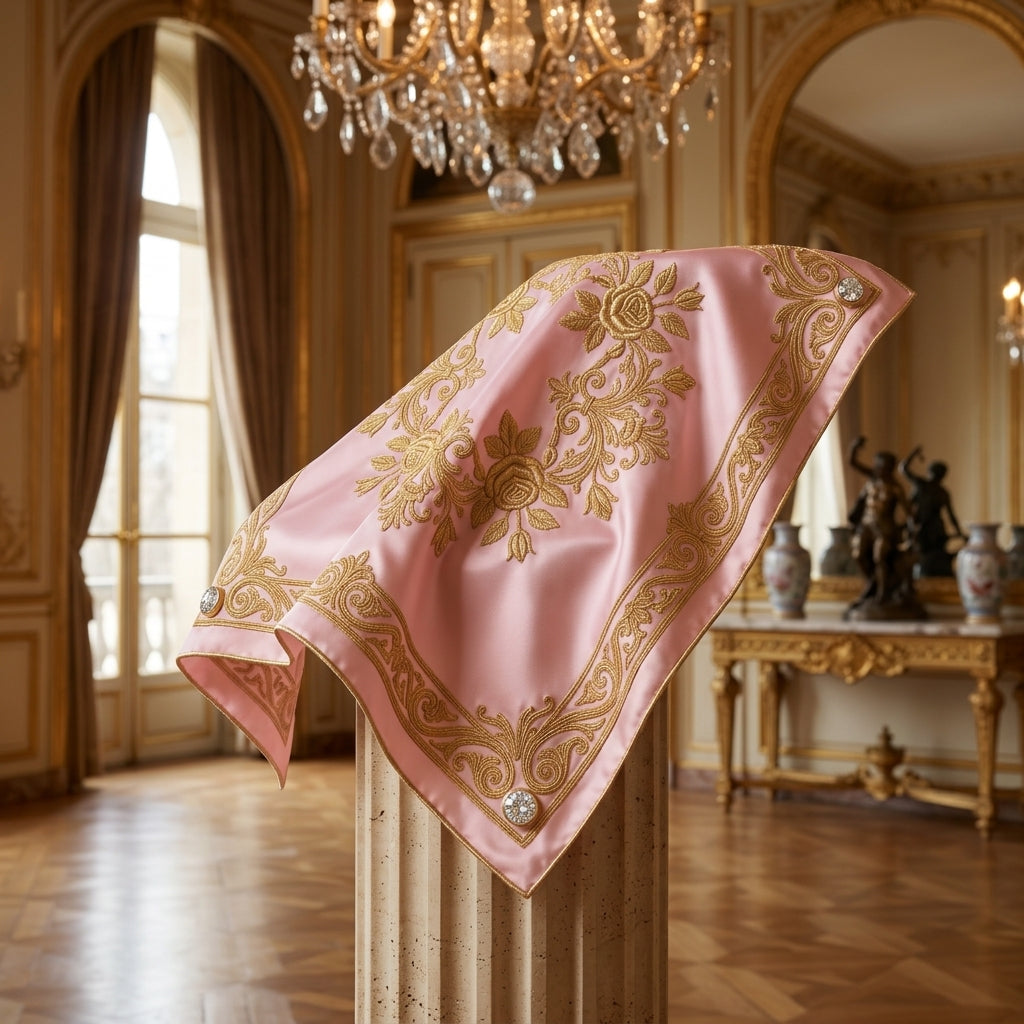 Haute Couture Super Luxury Silk Scarf – Royal Snow White, Pure 24K Gold Filigree Embroidery & 4 Brilliant-Cut Natural Diamond Bezel Studs