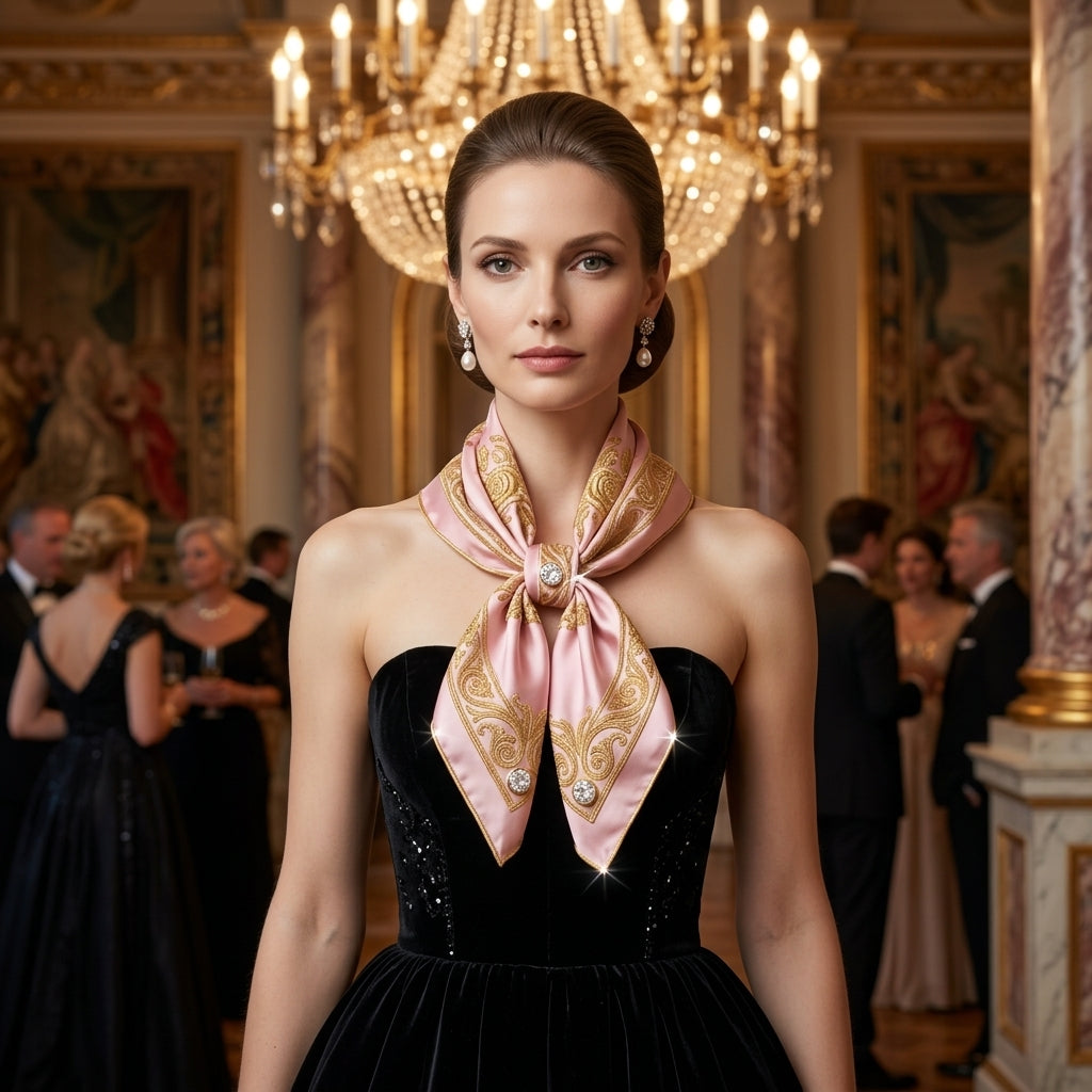 Haute Couture Super Luxury Silk Scarf – Royal Snow White, Pure 24K Gold Filigree Embroidery & 4 Brilliant-Cut Natural Diamond Bezel Studs