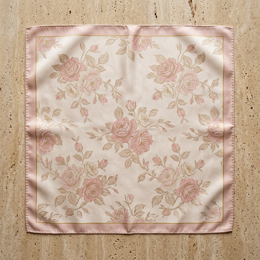 Champagne Pearl & Rose Quartz Botanical Woven Silk Square Scarf – Soft Blush Pink, Ivory Luster & Champagne Gold Piping