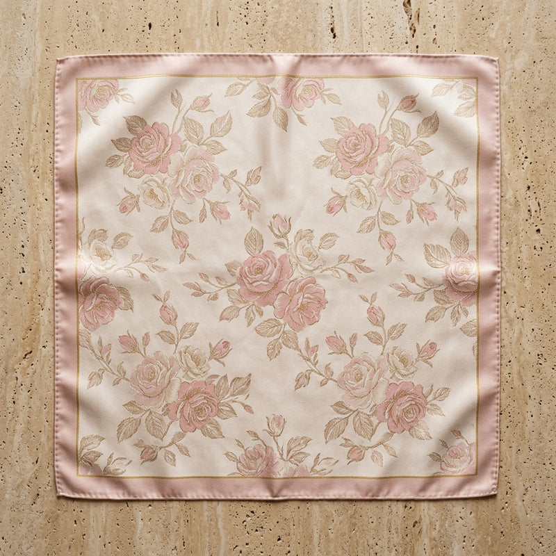 Champagne Pearl & Rose Quartz Botanical Woven Silk Square Scarf – Soft Blush Pink, Ivory Luster & Champagne Gold Piping