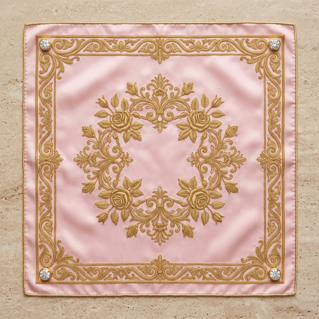 Haute Couture Super Luxury Silk Scarf – Royal Snow White, Pure 24K Gold Filigree Embroidery & 4 Brilliant-Cut Natural Diamond Bezel Studs