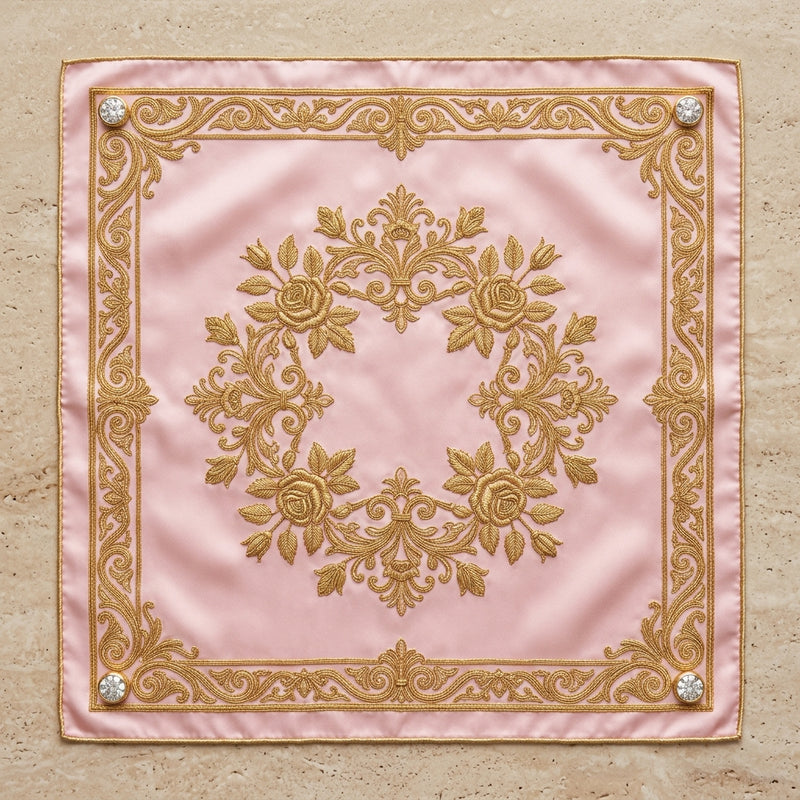 Haute Couture Super Luxury Silk Scarf – Royal Snow White, Pure 24K Gold Filigree Embroidery & 4 Brilliant-Cut Natural Diamond Bezel Studs