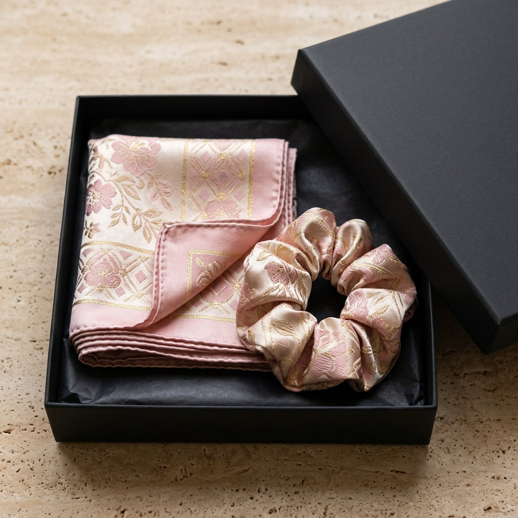 Luxury 2-Piece Silk Gift Set: Rose Quartz Monogram Square Scarf & Matching Mulberry Silk Scrunchie